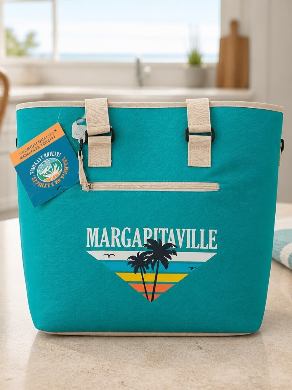 Margaritaville Teal Beach Tote Insulated Cooler Cream Trim and Sunset Graphic